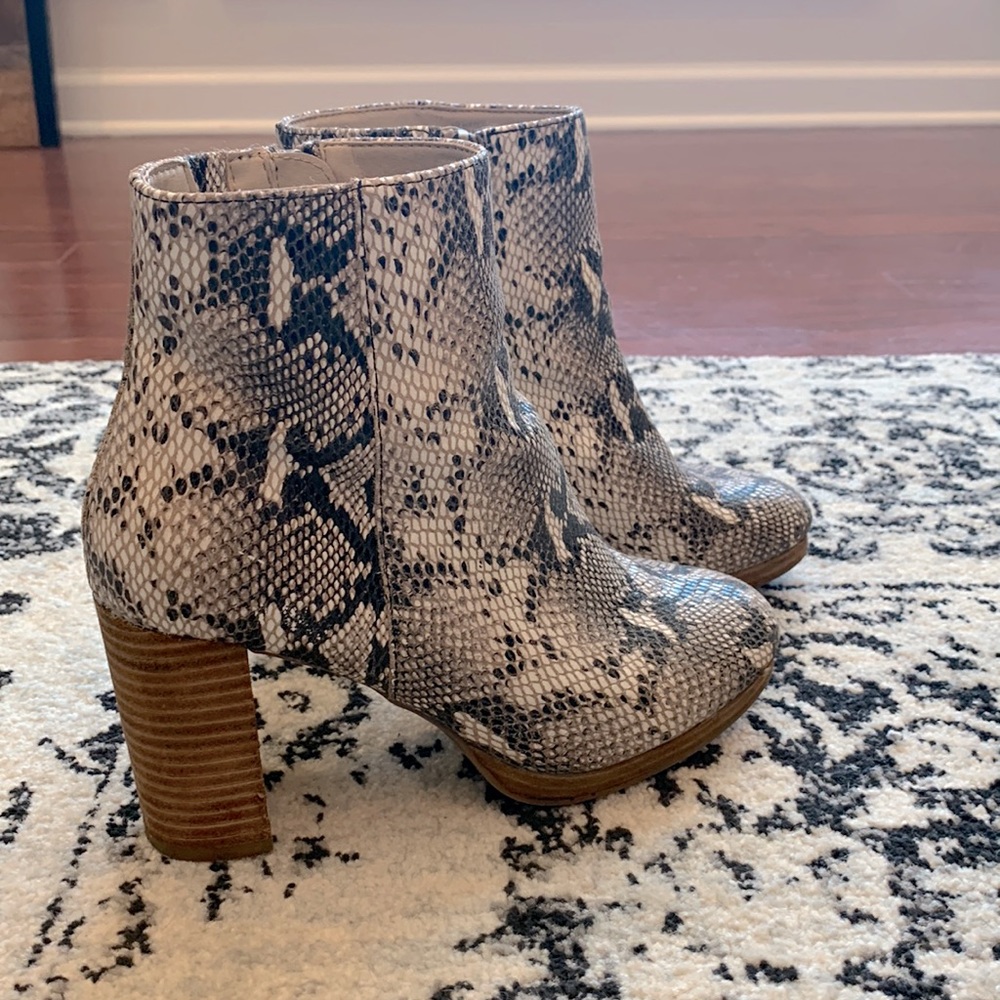 Snakeskin booties, gently worn. Size 7 in womens